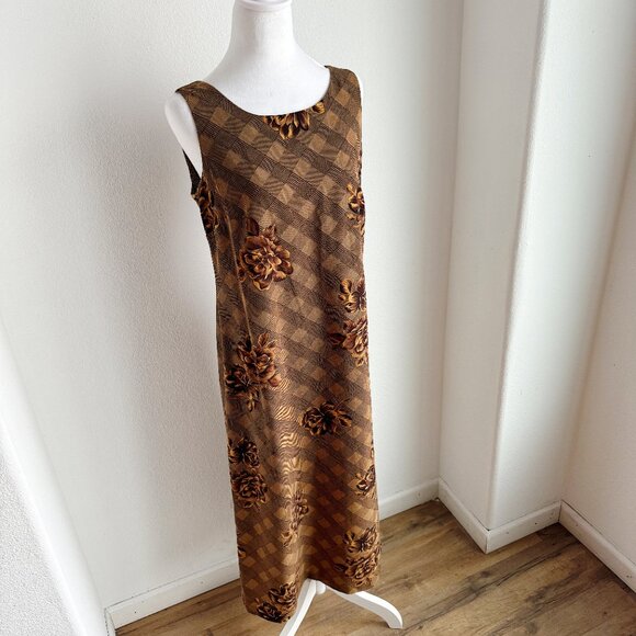 VINTAGE BROWN FLORAL CHECKERED SHIFT DRESS - Picture 3 of 5